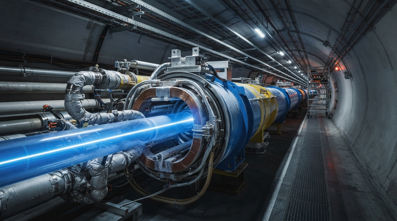 Editorial illustration for Bending and Focusing: How Superconducting Magnets Steer Particle Beams Through the Large Hadron Collider