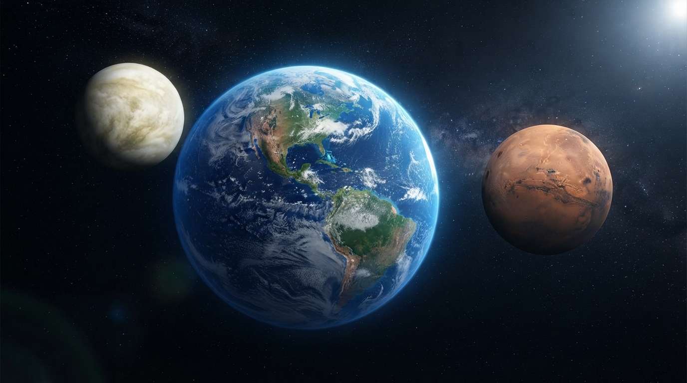 Editorial illustration for Beyond the Goldilocks Zone: Why Earth Thrives While Mars and Venus Failed