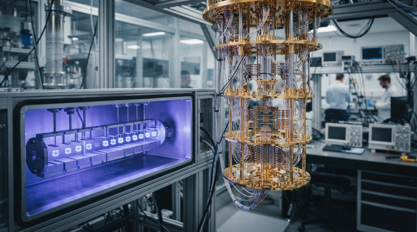 Editorial illustration for Superconducting vs. Trapped-Ion Qubits: Why Quantum Computing's Two Leading Architectures Trade Speed for Fidelity