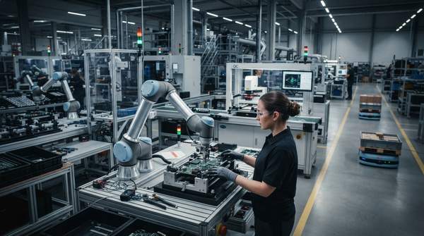 Editorial illustration for Where AI and Robotics Actually Work in Factories: Assembly, Quality Control, and Logistics Compared
